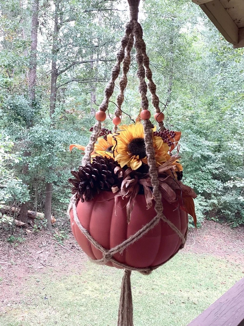 Plant Hanger Macrame Hand Crafted Jute Cord Peach Orange Wooden Beads